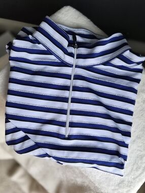 Chico's Zenergy Golf Striped 1/4 Zip Polo Shirt Blue Silver Metallic - Size 1 (M